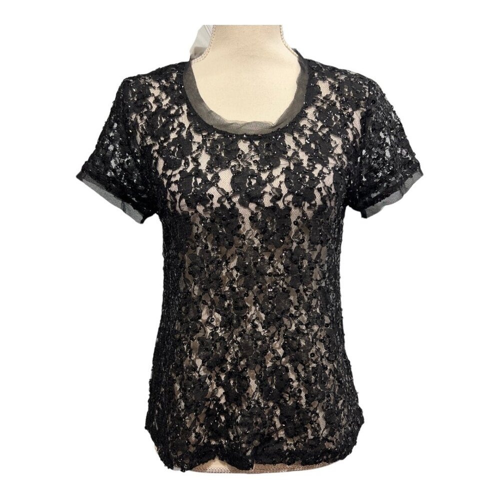 Chicos Top Womens Black Lace Sheer Sequin Mesh Size XS Fairy Wimsigoth Vamp